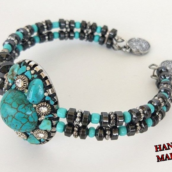 Turquoise Natural Stone Hematite Cord Bracelet Han - Picture 3 of 4